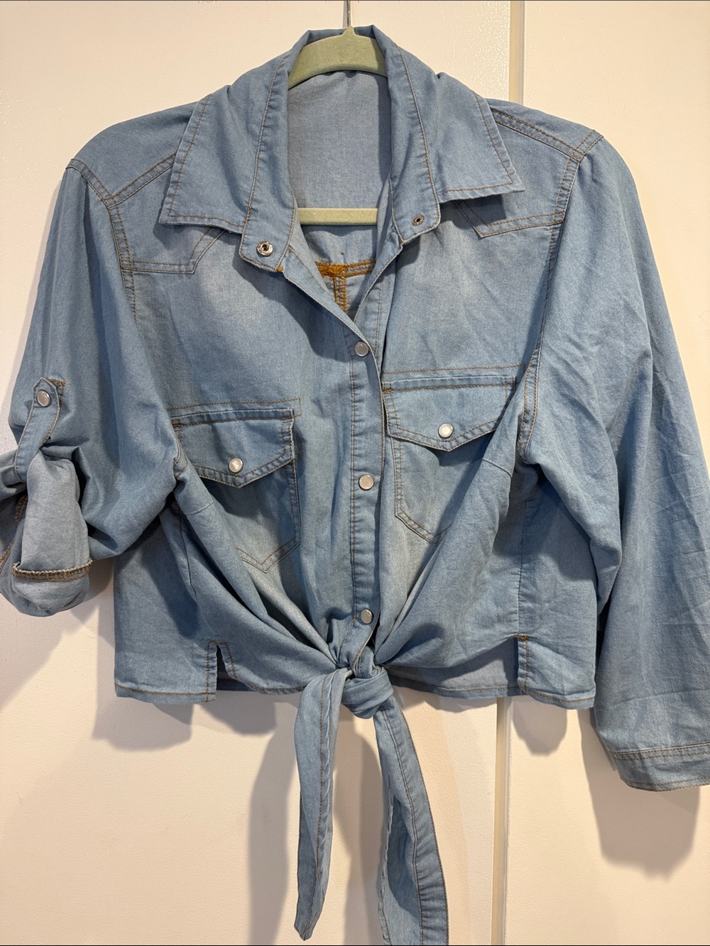 Tie-Front Light Denim Shirt Jacket